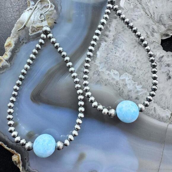 Native American Sterling Silver Navajo Beads w/Larimar Hoop Earrings For Women - Picture 5 of 10